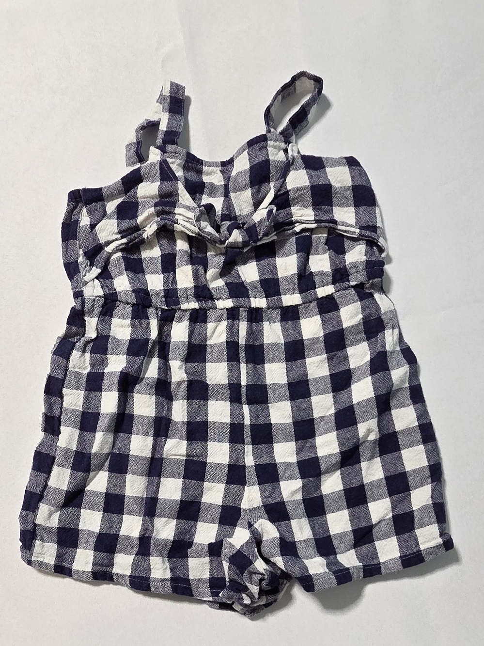 Old Navy Navy Blue Gingham Linen Blend Romper Tie Front Toddler Size 5T